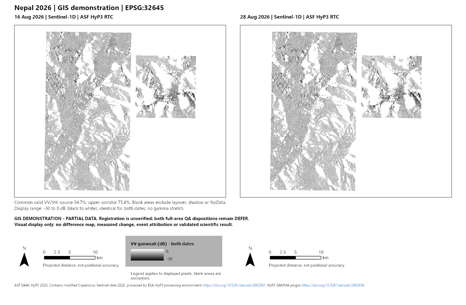 Full paired radar atlas for 16 and 28 August 2026, with a shared display scale, dates, partial coverage and source credits.
