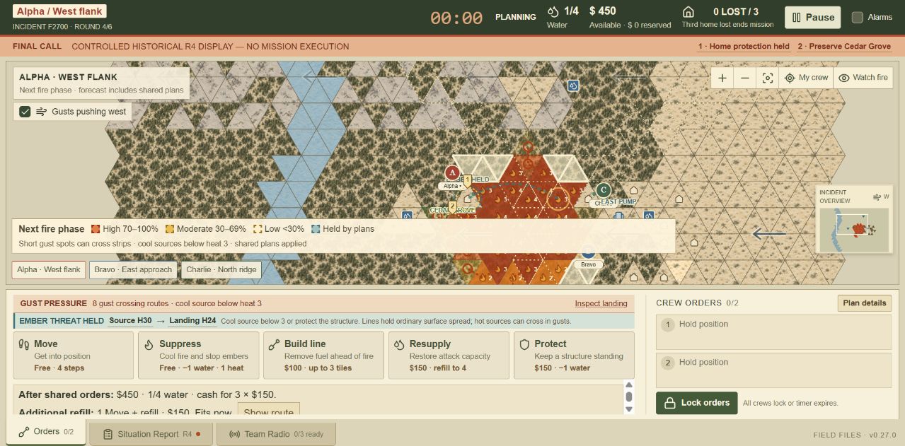 Historical Wildfire Response planning screen with a terrain map, community sites and resource controls.